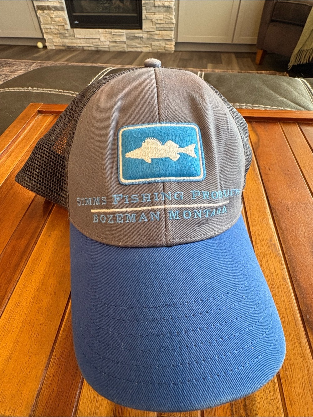 Simms Brand Fishing Trucker Hat Cap Blue & Gray with Embroidered Logo Patch